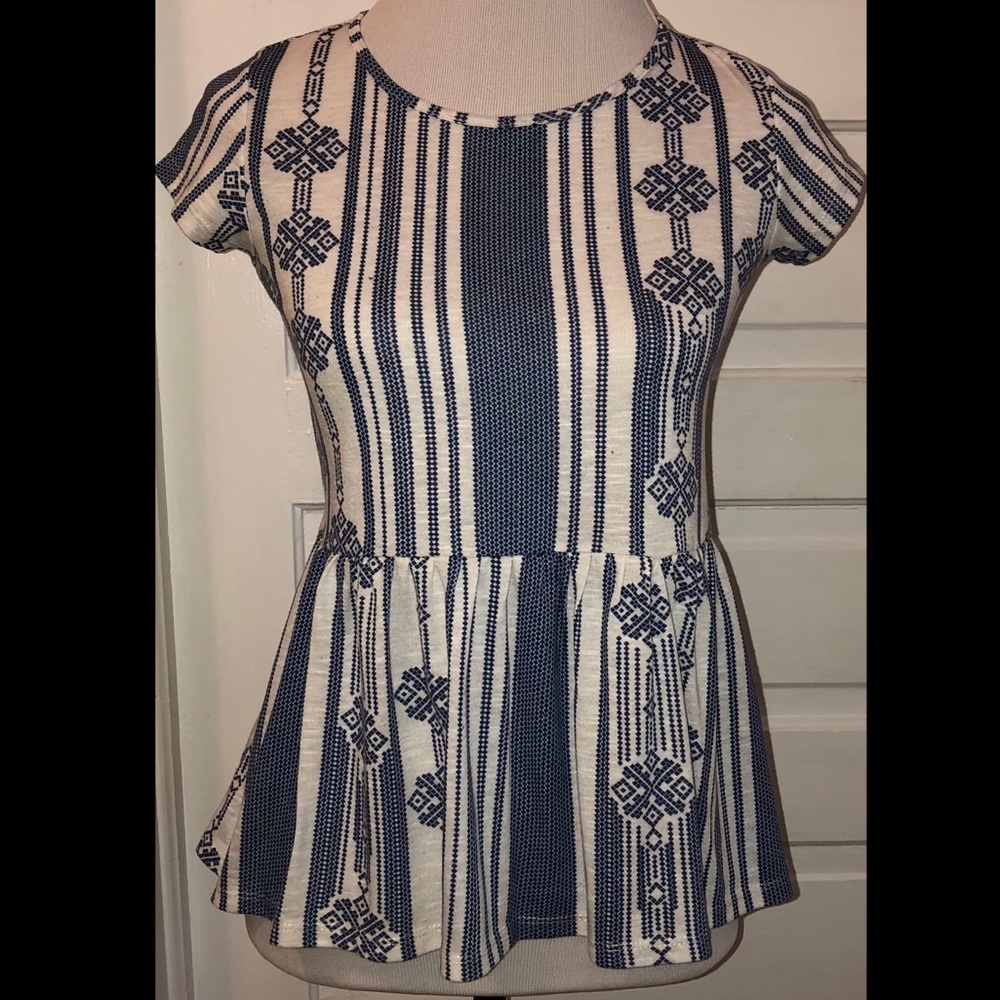 Jolt Navy Stripe Print Button Back Peplum Top, Sz XS